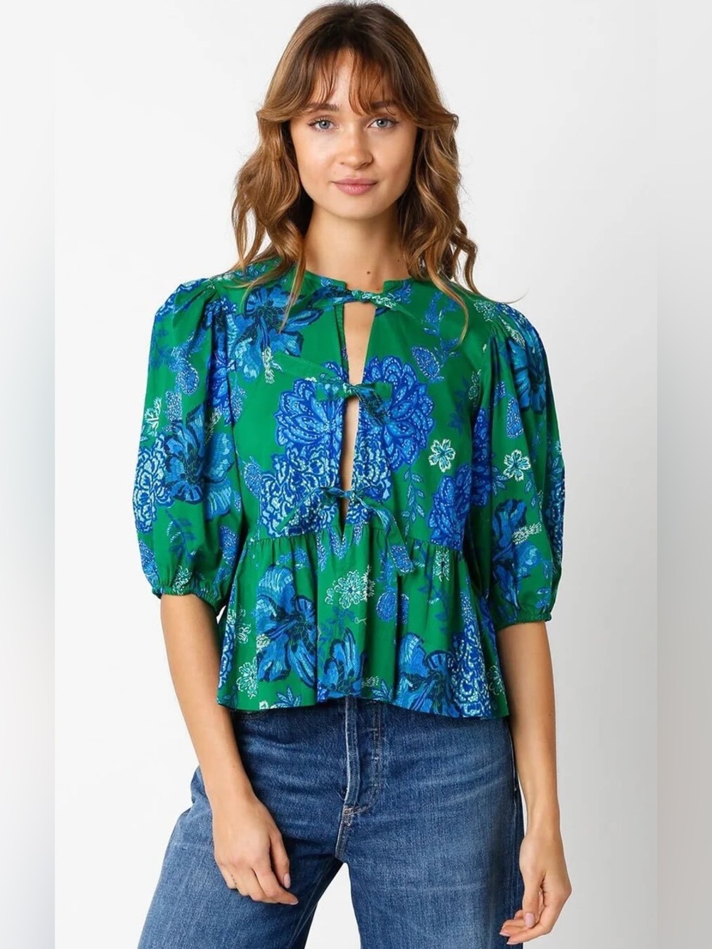 TALULAH Green Floral Tie Front Top Size Medium 100% Cotton